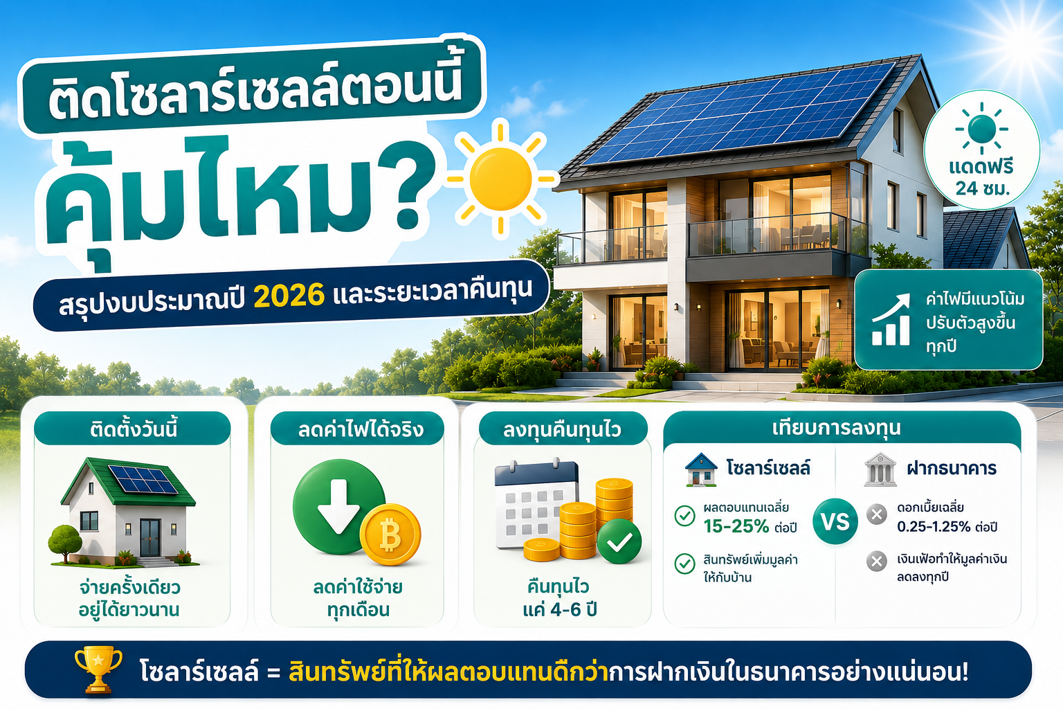 ติดโซลาร์เซลล์ตอนนี้คุ้มไหม? สรุปงบประมาณและระยะเวลาคืนทุน 2026