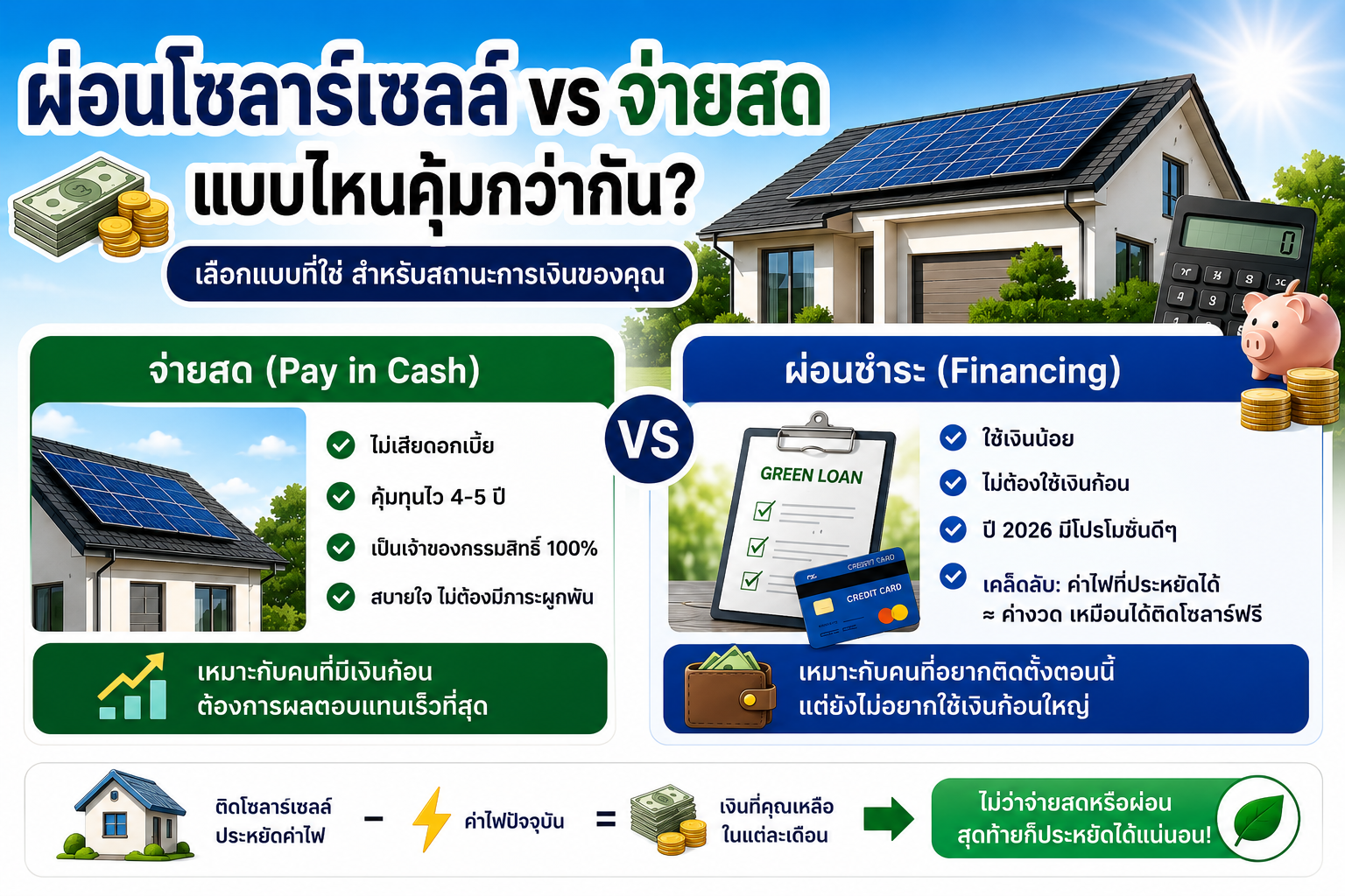ผ่อนโซลาร์เซลล์ vs จ่ายสด แบบไหนคุ้มกว่ากัน?